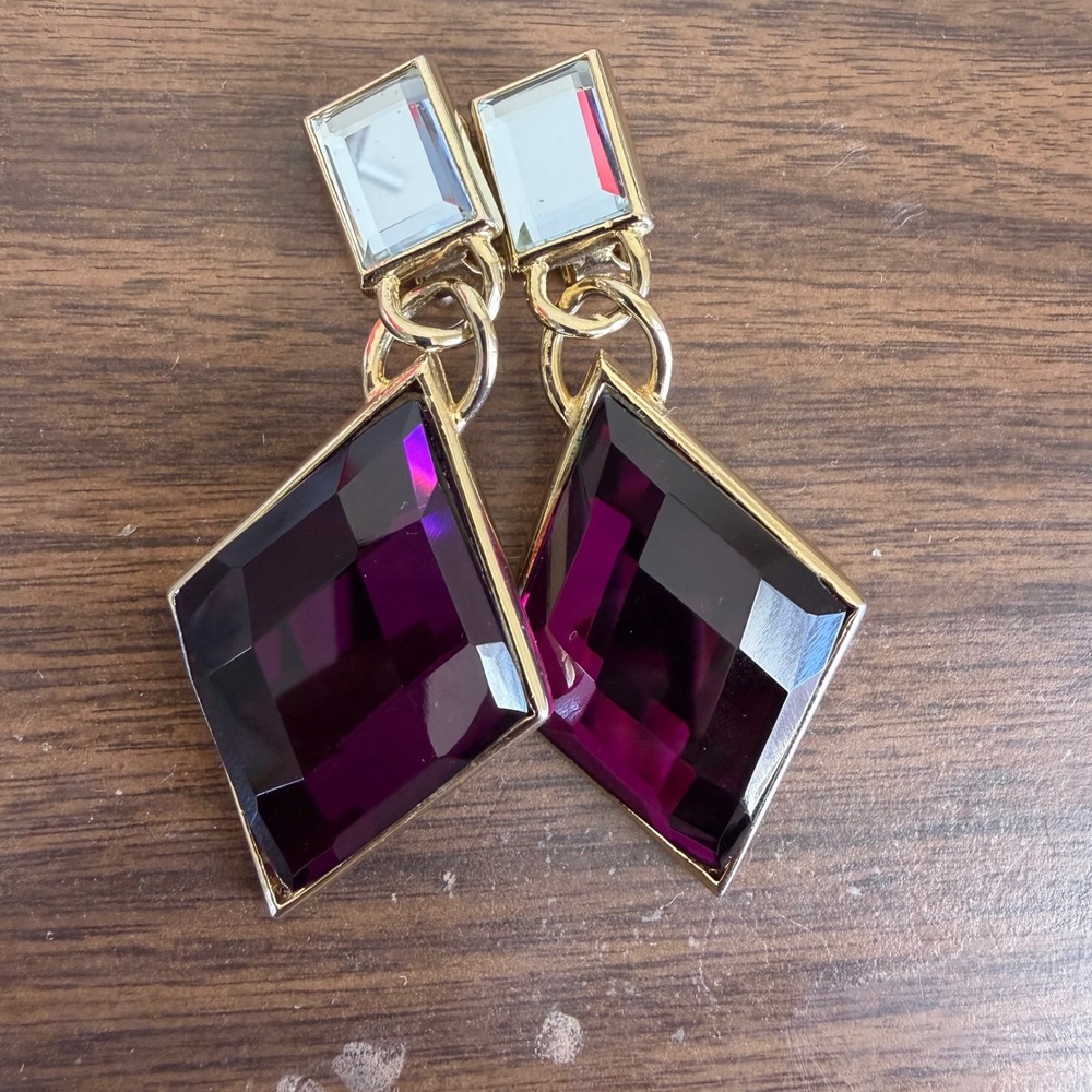 Park Lane Purple Clip On Earrings Diamond Drop Gold Tone Statement Signed
